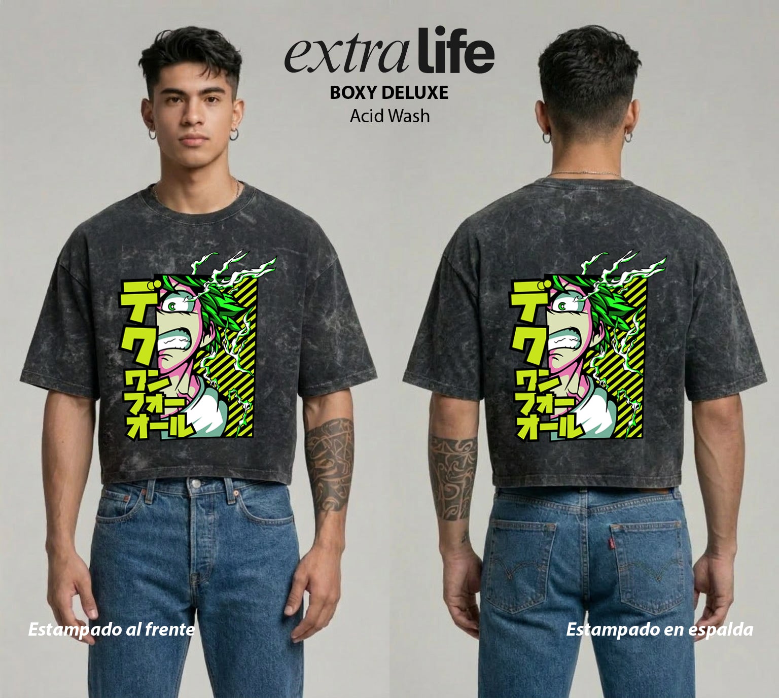 Playera streetwear premium de anime y gaming ExtraLife MX, corte boxy deluxe mineral wash heavyweight en color Acid Wash, moda urbana mexicana de culto.