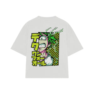 Playera streetwear premium de anime y gaming ExtraLife MX, corte boxy oversized drop shoulder heavyweight en color Deep Black y Off-White, moda urbana mexicana de culto.