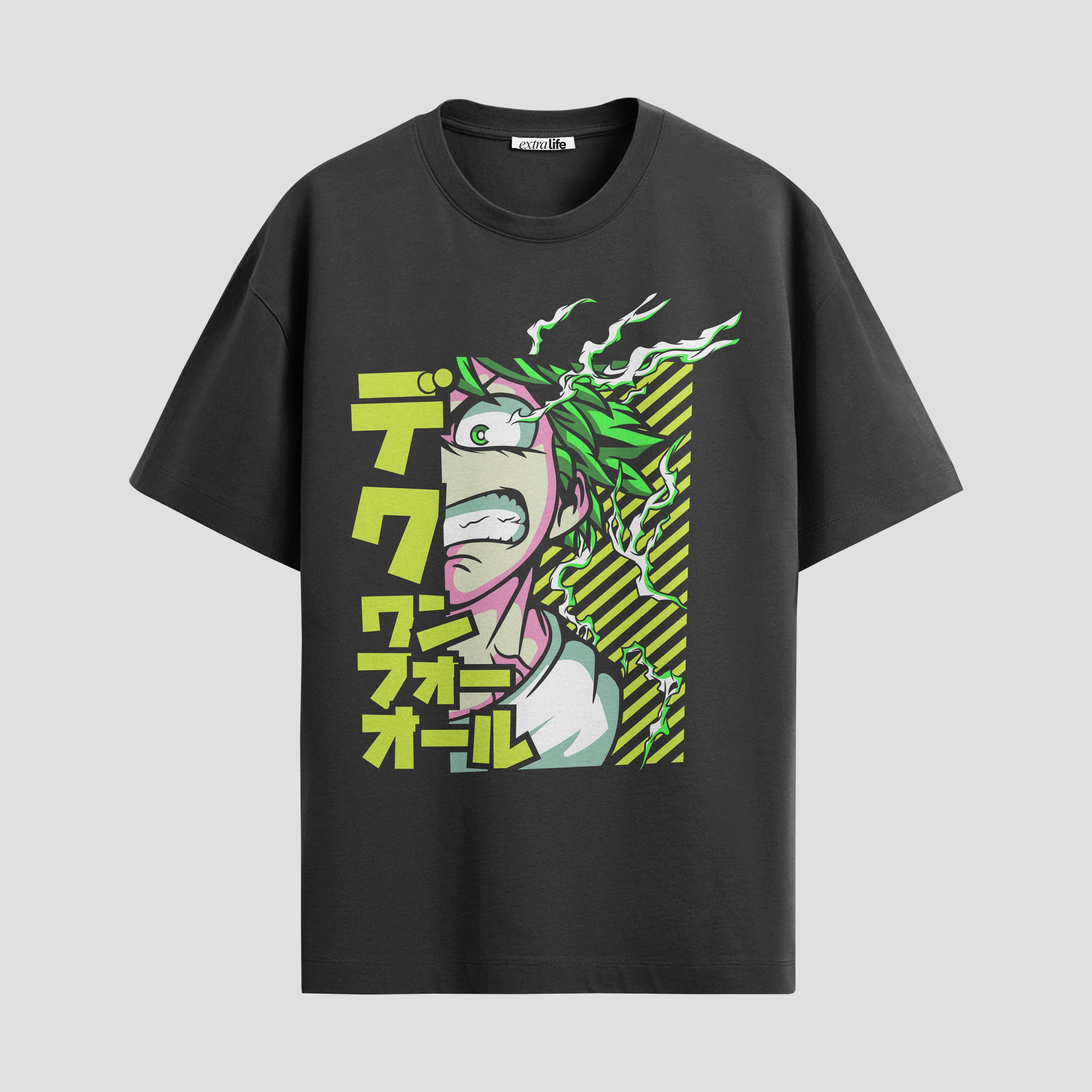 Playera urbana de anime y gaming ExtraLife MX, corte Standard Fit unisex ligero y transpirable en color Deep Black y Pure White, ropa de uso diario para gym y casual.