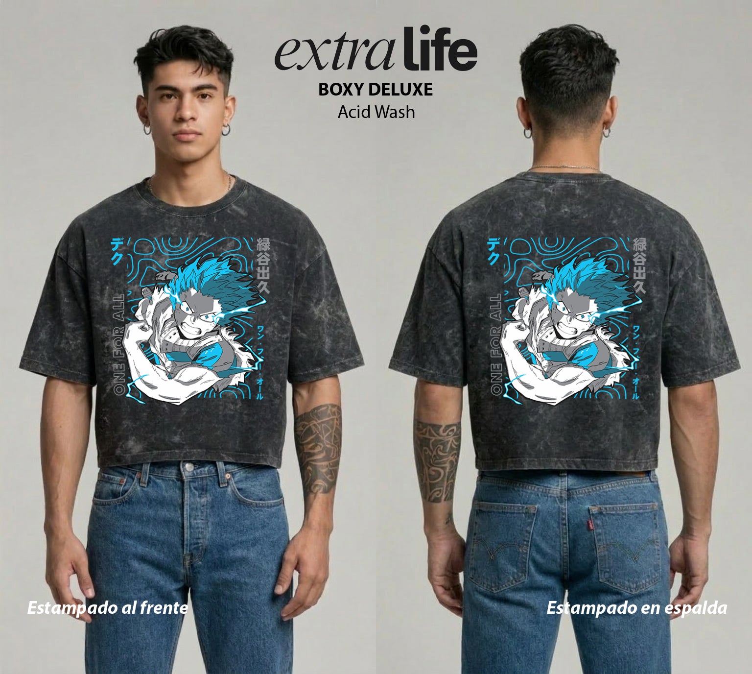 Playera streetwear premium de anime y gaming ExtraLife MX, corte boxy deluxe mineral wash heavyweight en color Acid Wash, moda urbana mexicana de culto.