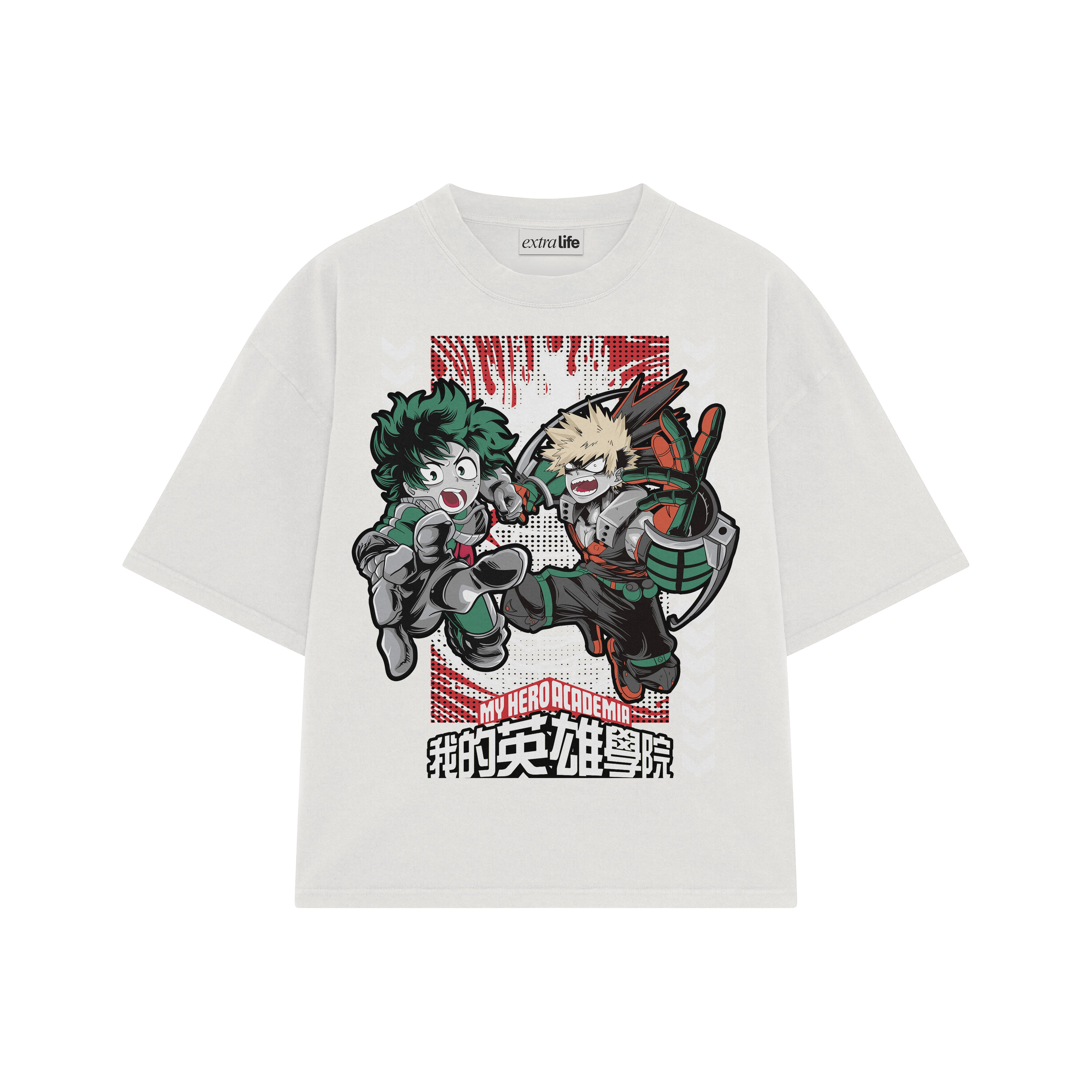 Playera streetwear premium de anime y gaming ExtraLife MX, corte boxy oversized drop shoulder heavyweight en color Deep Black y Off-White, moda urbana mexicana de culto.