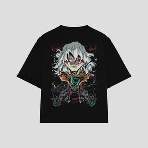 Playera streetwear premium de anime y gaming ExtraLife MX, corte boxy oversized drop shoulder heavyweight en color Deep Black y Off-White, moda urbana mexicana de culto.