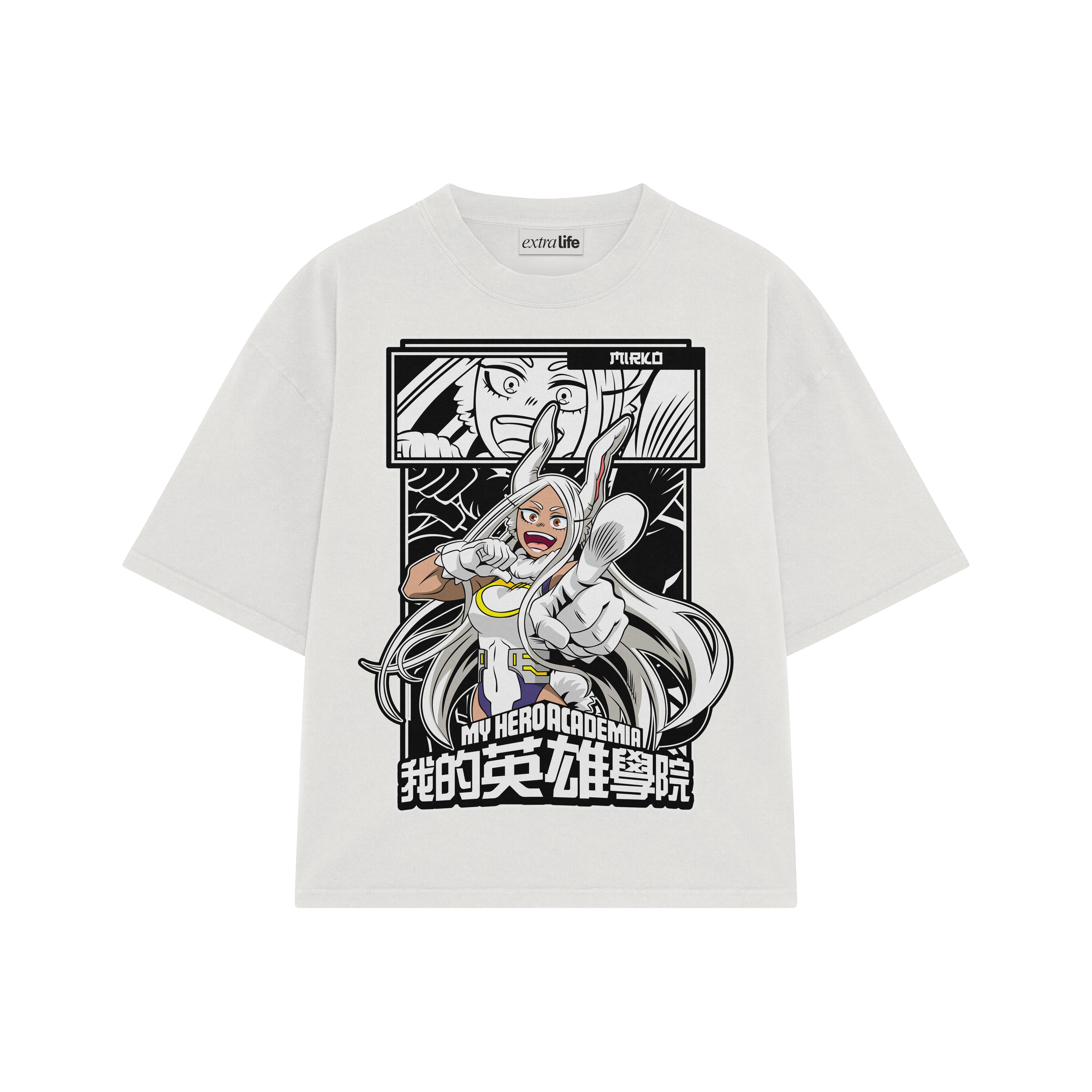 Playera streetwear premium de anime y gaming ExtraLife MX, corte boxy oversized drop shoulder heavyweight en color Deep Black y Off-White, moda urbana mexicana de culto.
