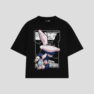Playera streetwear premium de anime y gaming ExtraLife MX, corte oversized drop shoulder ligero y fresco en color Deep Black y Off-White, moda urbana mexicana de culto.