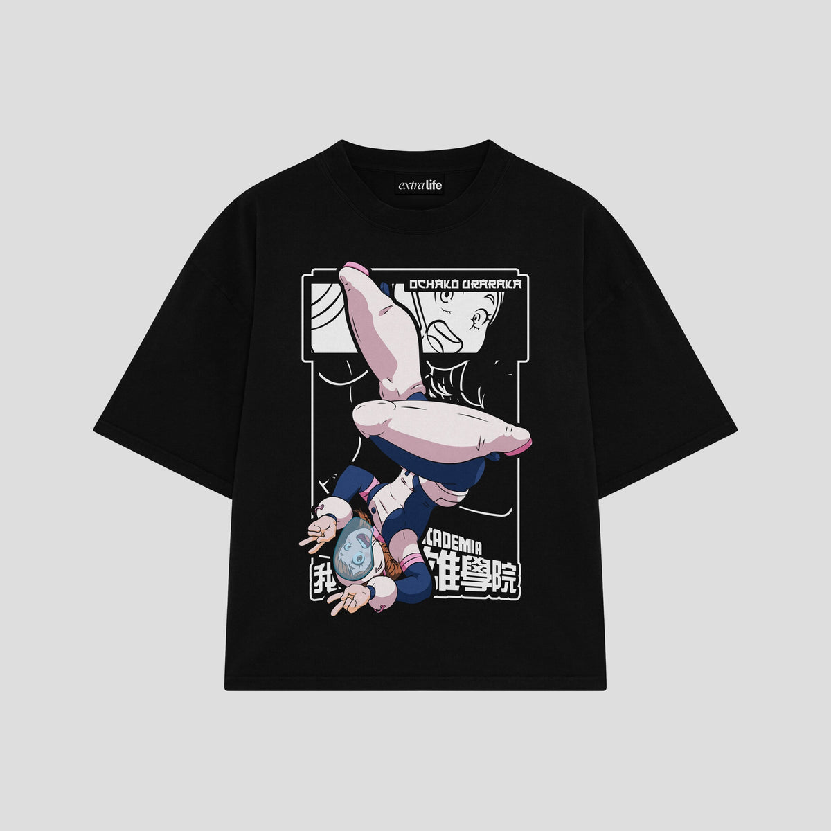 Playera streetwear premium de anime y gaming ExtraLife MX, corte oversized drop shoulder ligero y fresco en color Deep Black y Off-White, moda urbana mexicana de culto.