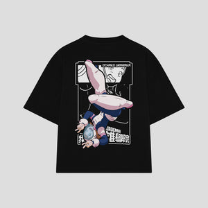Playera streetwear premium de anime y gaming ExtraLife MX, corte boxy oversized drop shoulder heavyweight en color Deep Black y Off-White, moda urbana mexicana de culto.