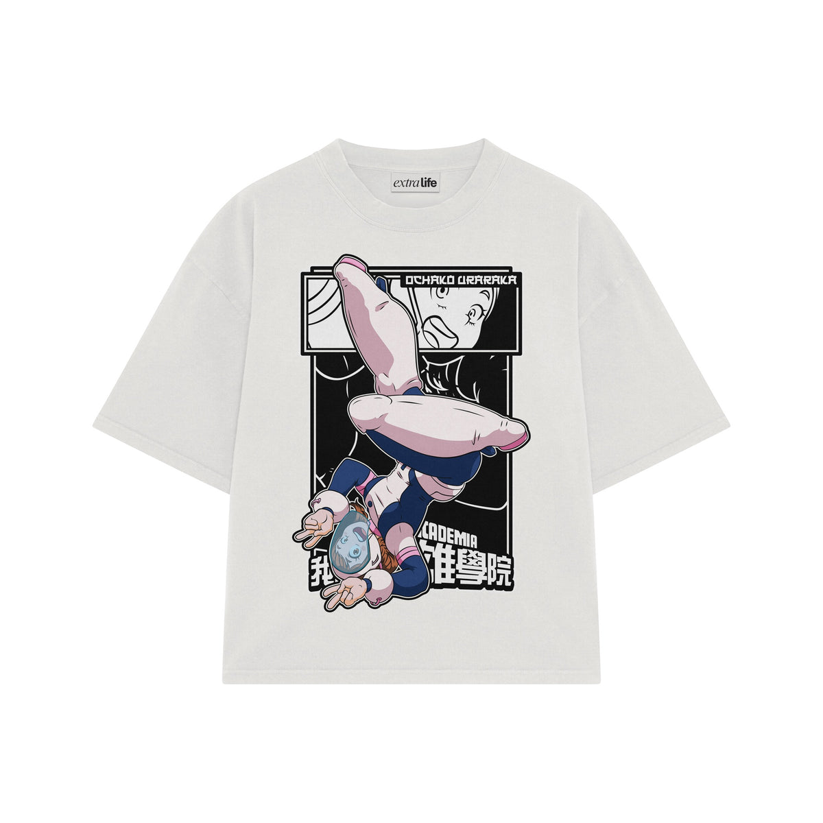 Playera streetwear premium de anime y gaming ExtraLife MX, corte oversized drop shoulder ligero y fresco en color Deep Black y Off-White, moda urbana mexicana de culto.