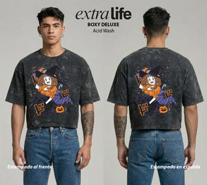Playera streetwear premium de anime y gaming ExtraLife MX, corte boxy deluxe mineral wash heavyweight en color Acid Wash, moda urbana mexicana de culto.
