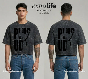 Playera streetwear premium de anime y gaming ExtraLife MX, corte boxy deluxe mineral wash heavyweight en color Acid Wash, moda urbana mexicana de culto.