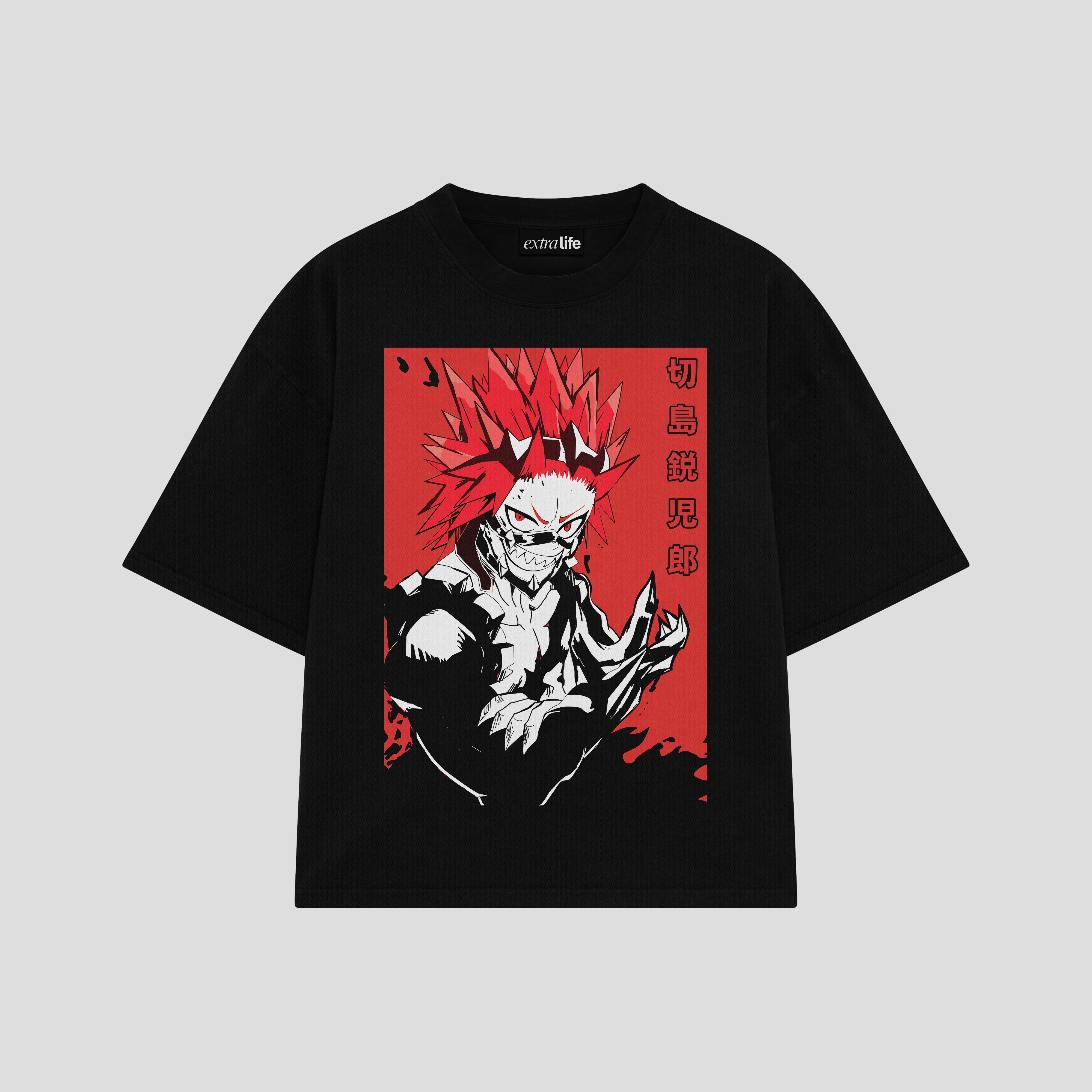 Playera streetwear premium de anime y gaming ExtraLife MX, corte boxy oversized drop shoulder heavyweight en color Deep Black y Off-White, moda urbana mexicana de culto.