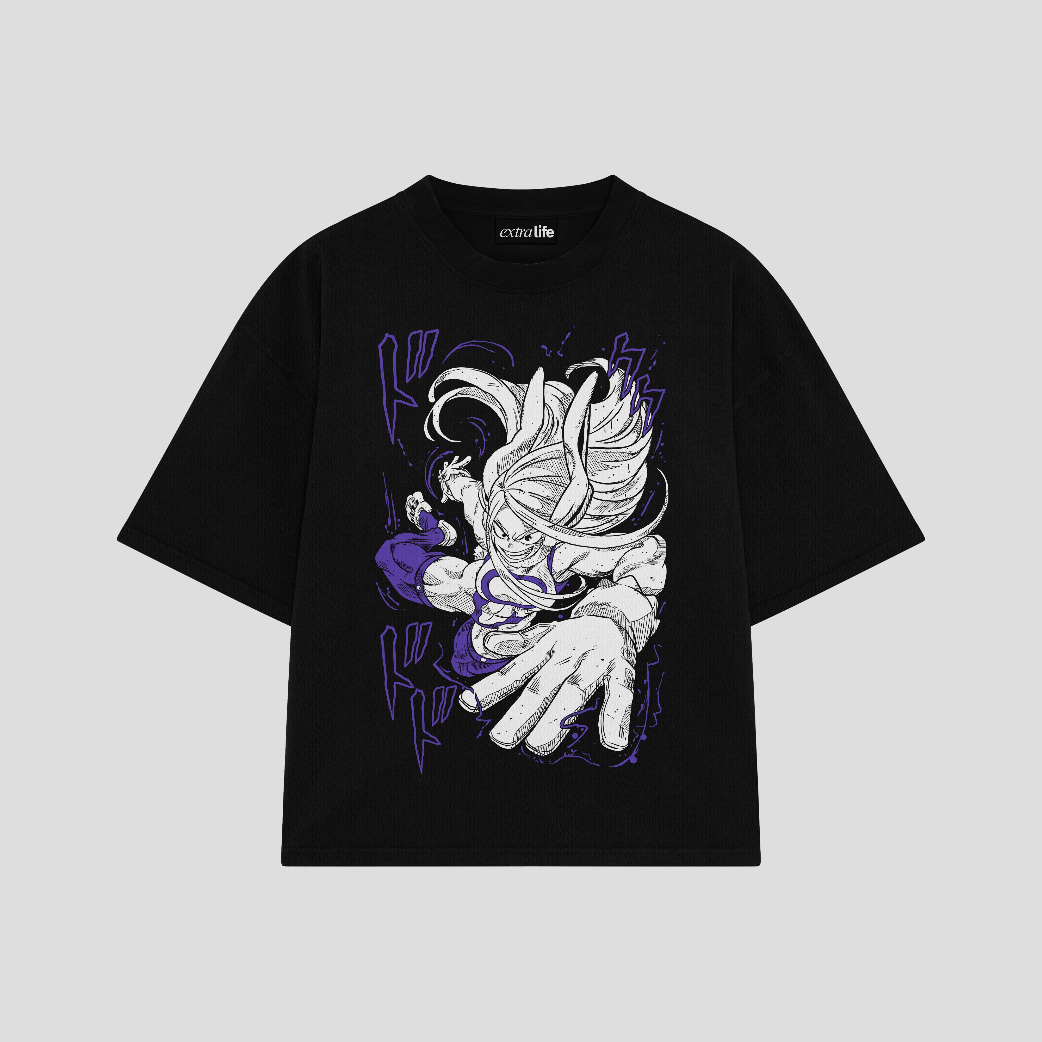 Playera streetwear premium de anime y gaming ExtraLife MX, corte boxy oversized drop shoulder heavyweight en color Deep Black y Off-White, moda urbana mexicana de culto.