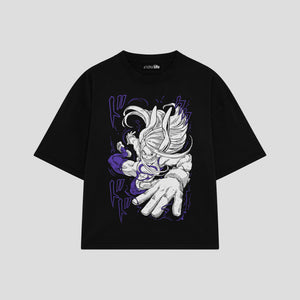 Playera streetwear premium de anime y gaming ExtraLife MX, corte boxy oversized drop shoulder heavyweight en color Deep Black y Off-White, moda urbana mexicana de culto.