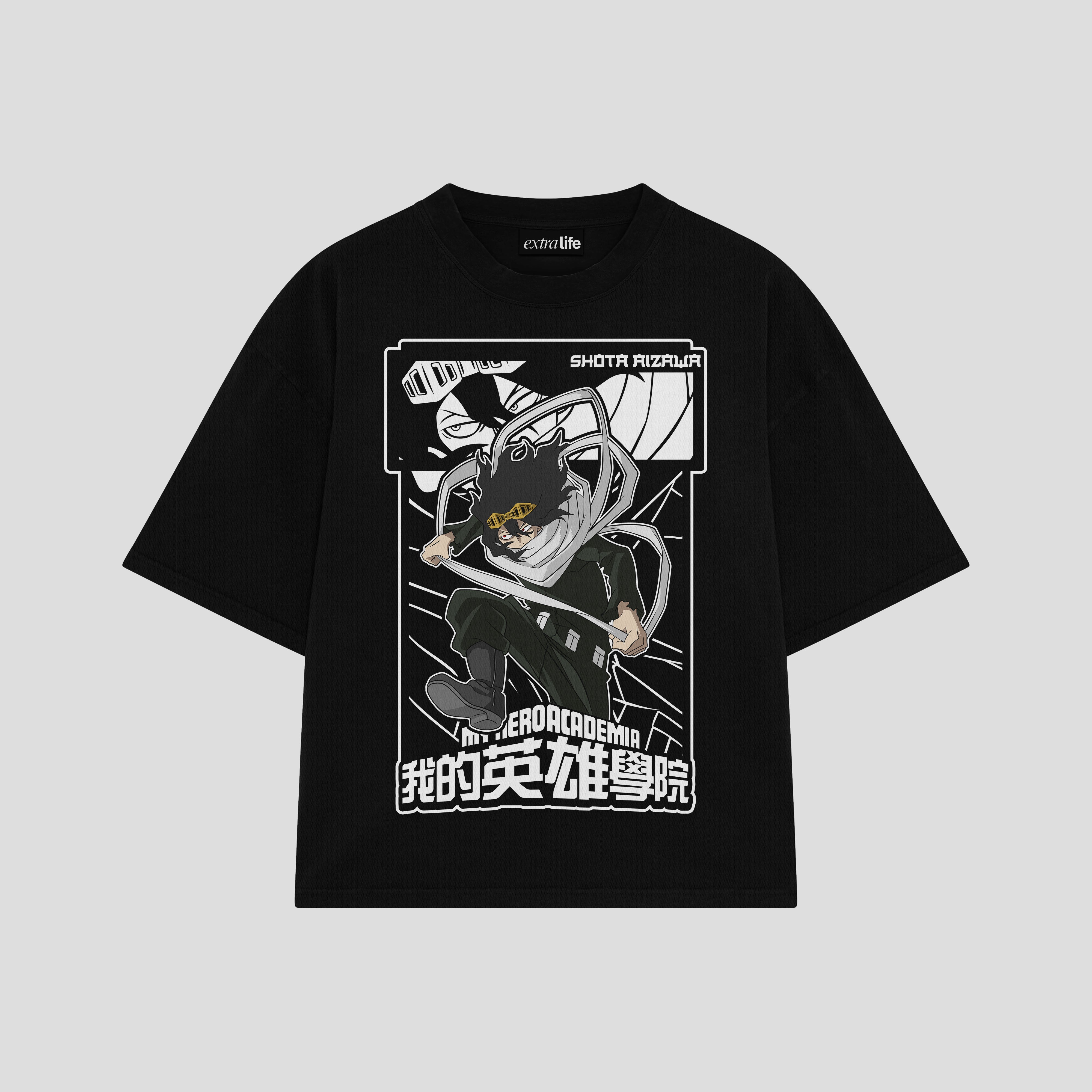 Playera streetwear premium de anime y gaming ExtraLife MX, corte boxy oversized drop shoulder heavyweight en color Deep Black y Off-White, moda urbana mexicana de culto.