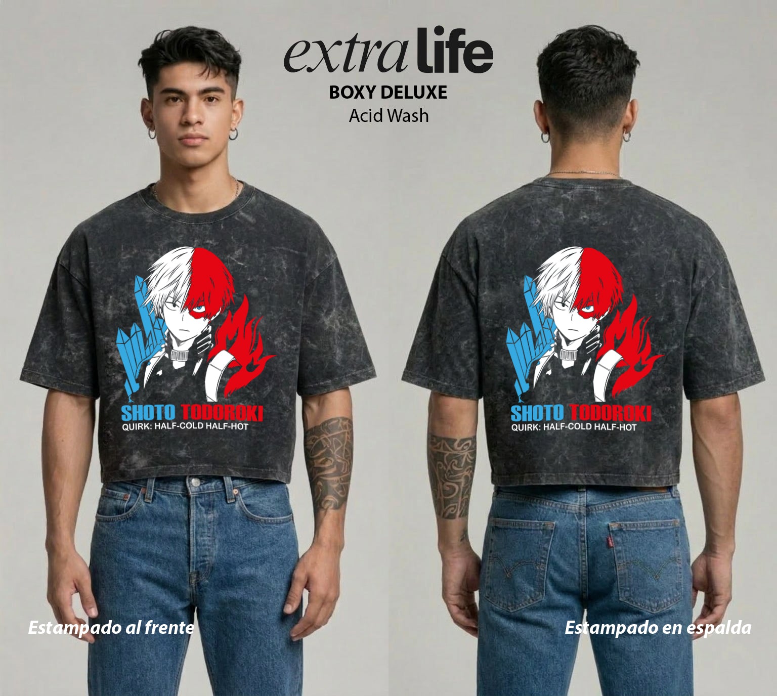 Playera streetwear premium de anime y gaming ExtraLife MX, corte boxy deluxe mineral wash heavyweight en color Acid Wash, moda urbana mexicana de culto.