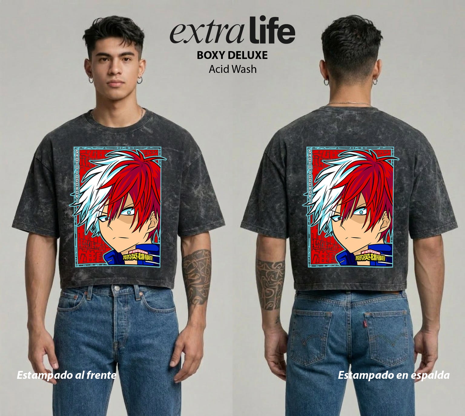 Playera streetwear premium de anime y gaming ExtraLife MX, corte boxy deluxe mineral wash heavyweight en color Acid Wash, moda urbana mexicana de culto.