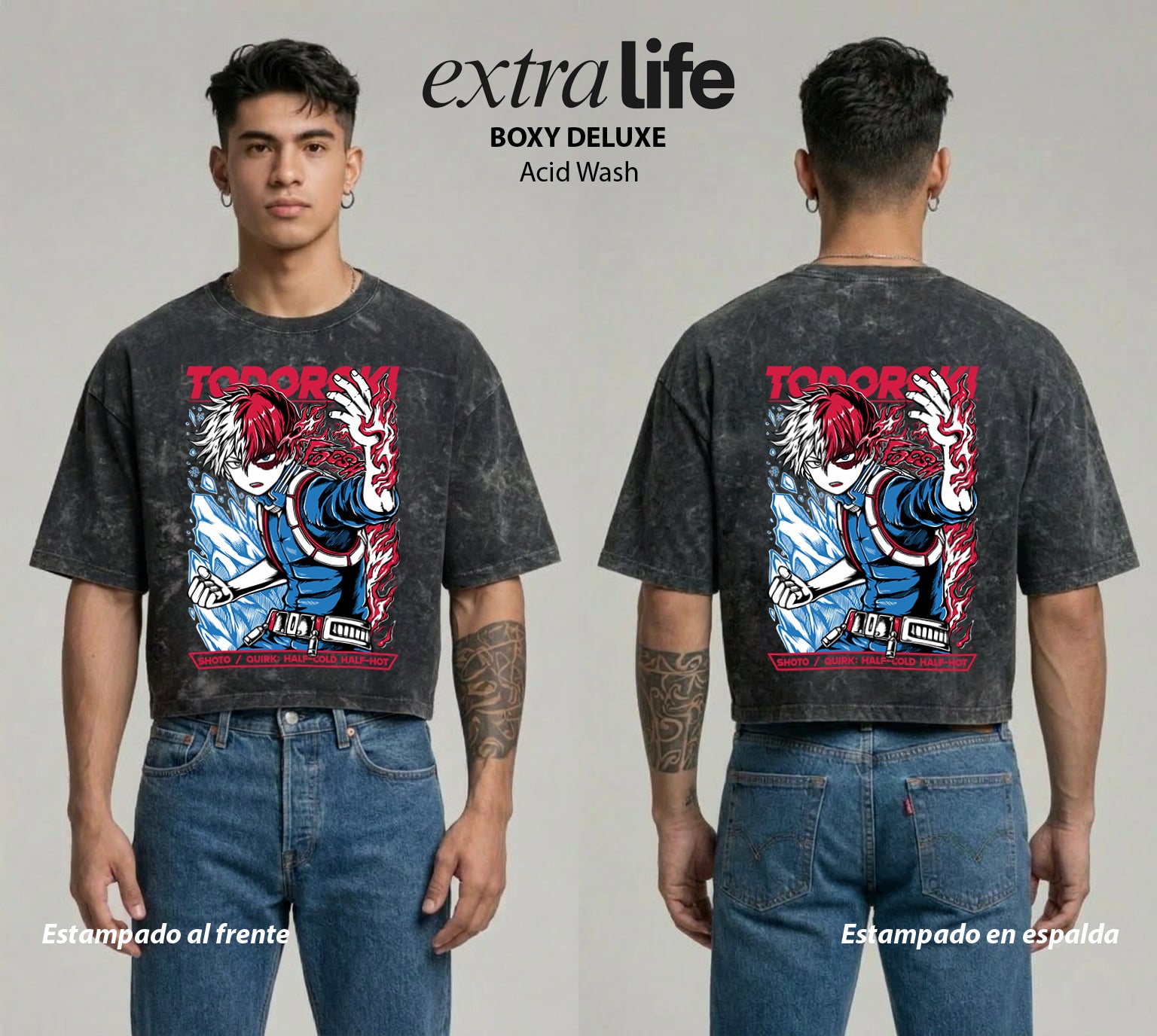 Playera streetwear premium de anime y gaming ExtraLife MX, corte boxy deluxe mineral wash heavyweight en color Acid Wash, moda urbana mexicana de culto.