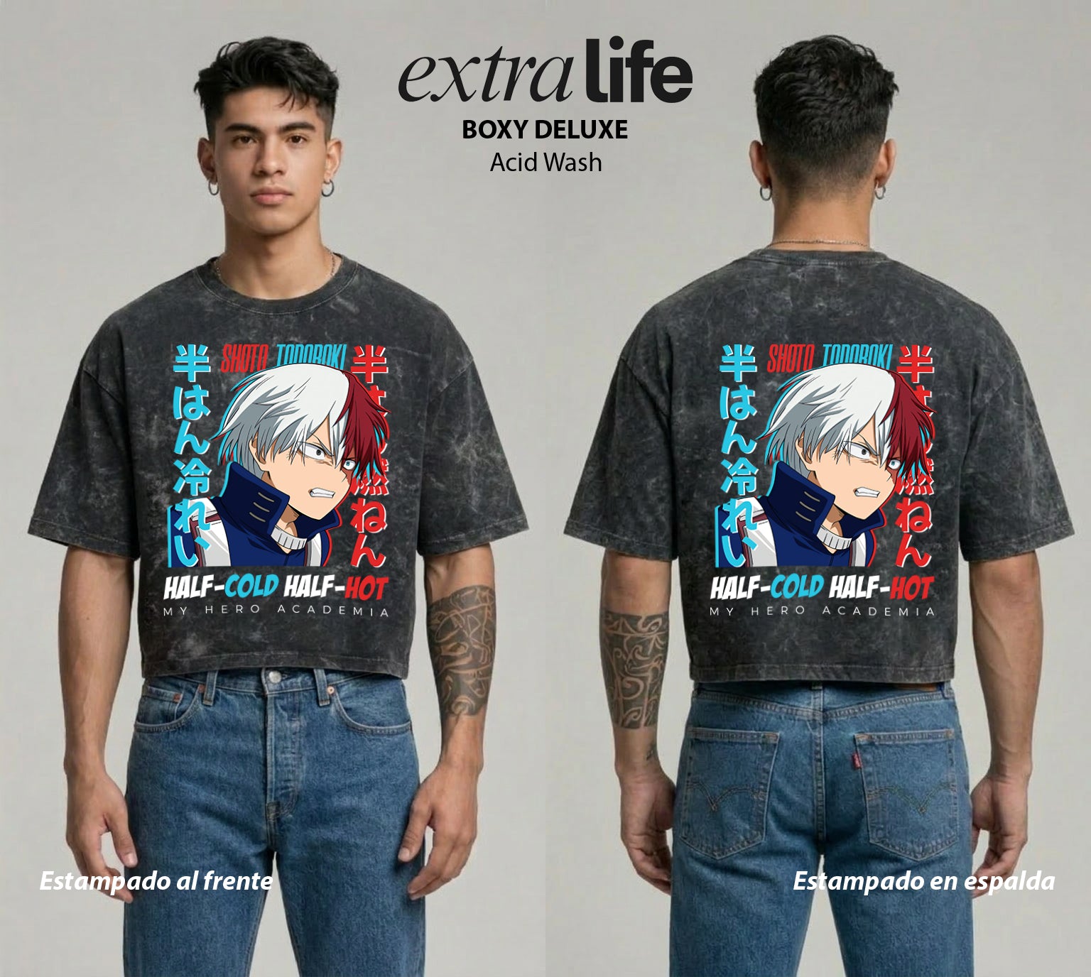 Playera streetwear premium de anime y gaming ExtraLife MX, corte boxy deluxe mineral wash heavyweight en color Acid Wash, moda urbana mexicana de culto.
