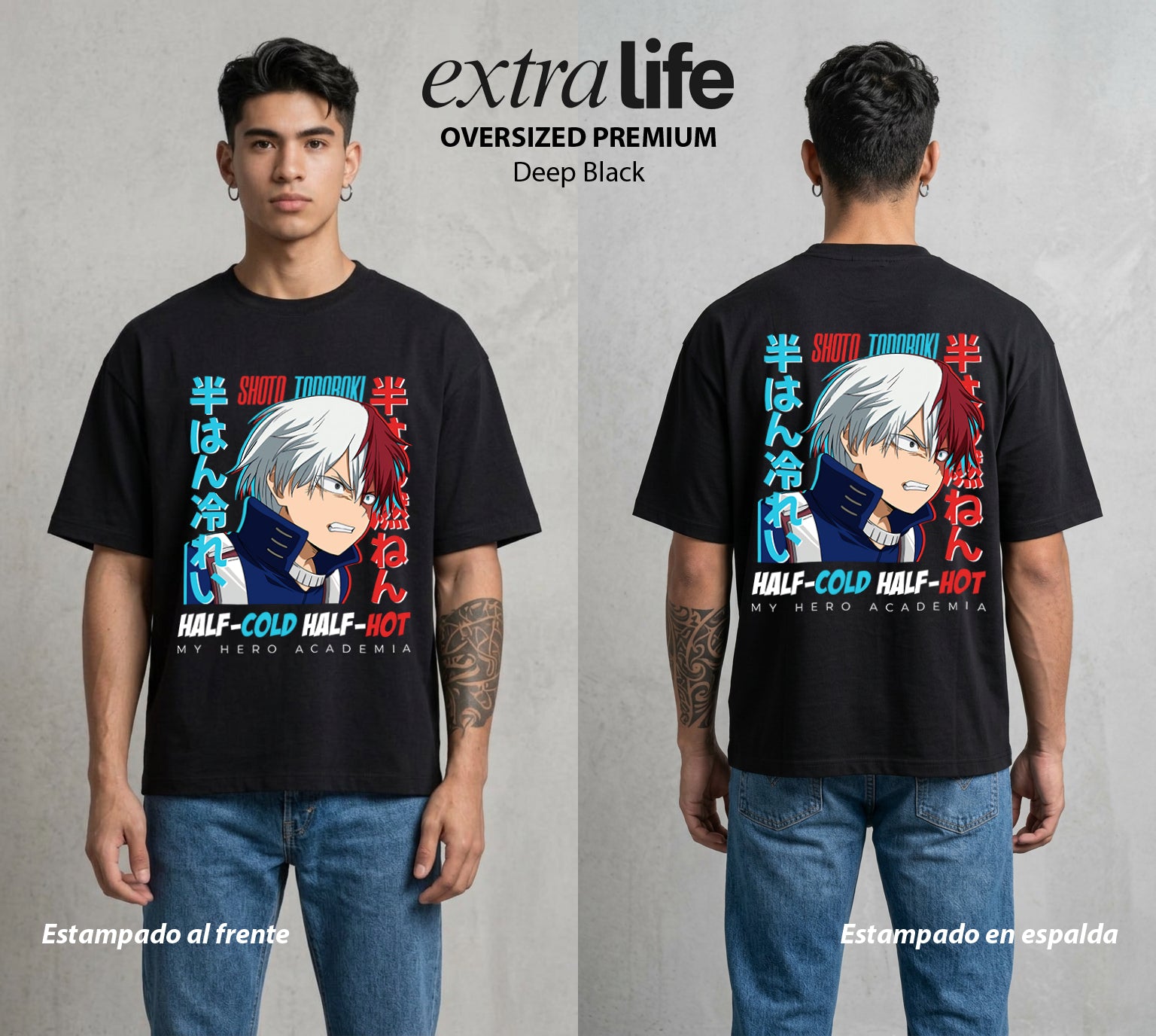 La Academia de Heroes | Mitad Fuego Mitad Hielo #02576 - Playera Oversized Premium | Deep Black - Foto en modelo