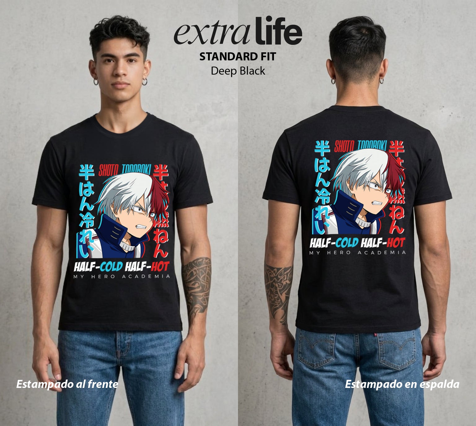La Academia de Heroes | Mitad Fuego Mitad Hielo #02576 - Playera Standard Fit | Deep Black - Foto en modelo