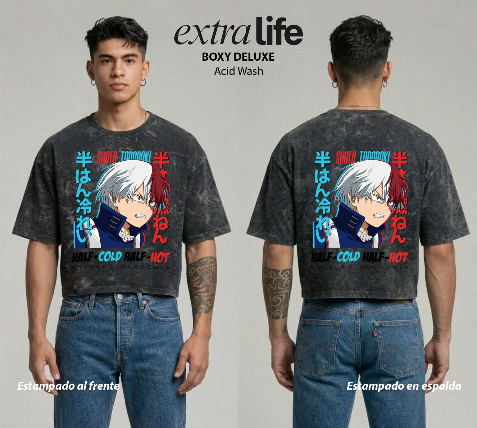 Playera streetwear premium de anime y gaming ExtraLife MX, corte boxy deluxe mineral wash heavyweight en color Acid Wash, moda urbana mexicana de culto.