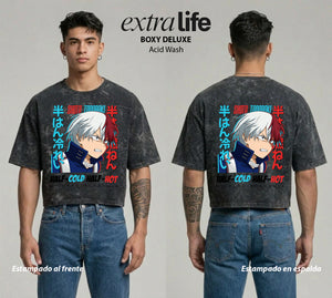 Playera streetwear premium de anime y gaming ExtraLife MX, corte boxy deluxe mineral wash heavyweight en color Acid Wash, moda urbana mexicana de culto.