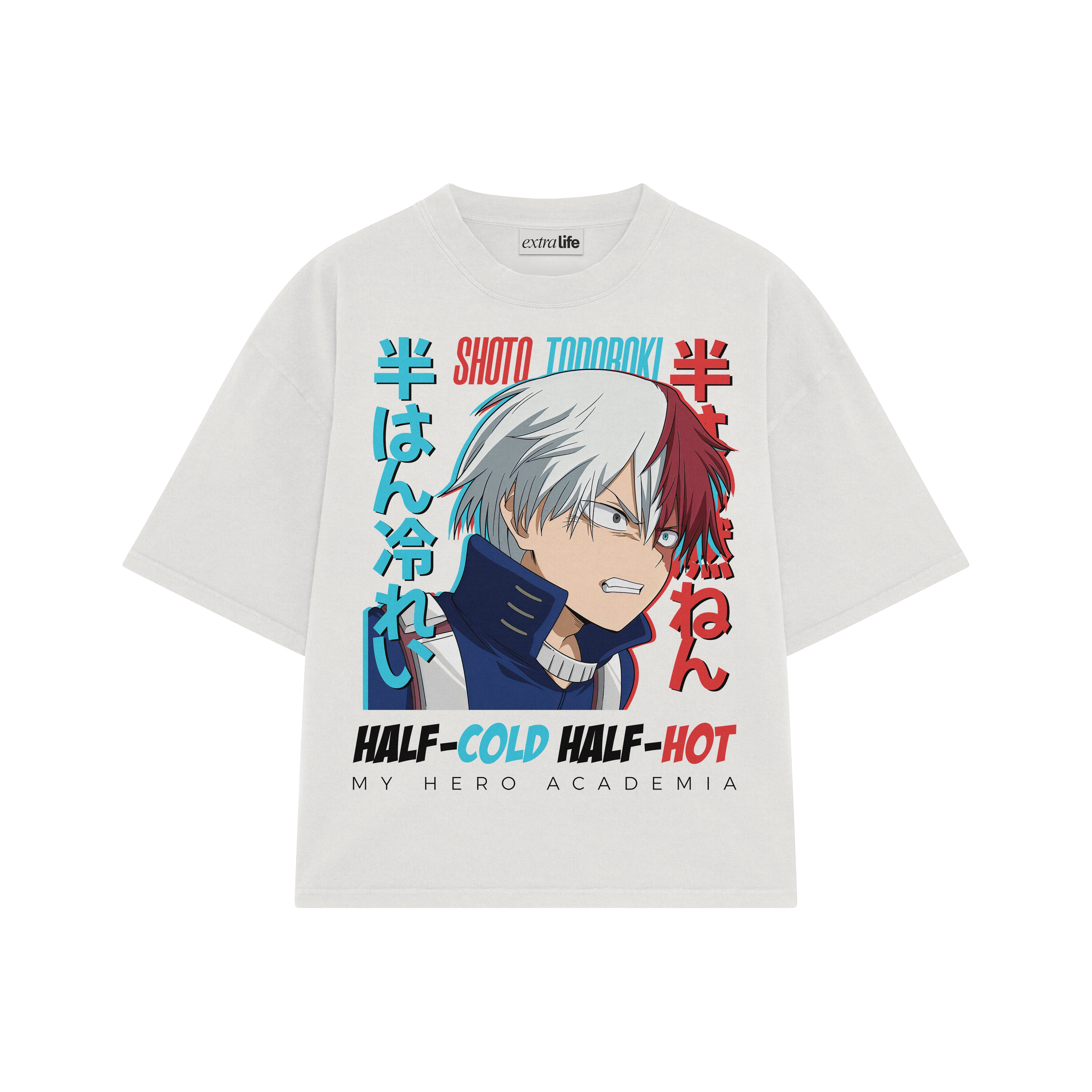 Playera streetwear premium de anime y gaming ExtraLife MX, corte boxy oversized drop shoulder heavyweight en color Deep Black y Off-White, moda urbana mexicana de culto.