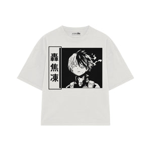 Playera streetwear premium de anime y gaming ExtraLife MX, corte boxy oversized drop shoulder heavyweight en color Deep Black y Off-White, moda urbana mexicana de culto.