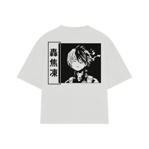Playera streetwear premium de anime y gaming ExtraLife MX, corte boxy oversized drop shoulder heavyweight en color Deep Black y Off-White, moda urbana mexicana de culto.