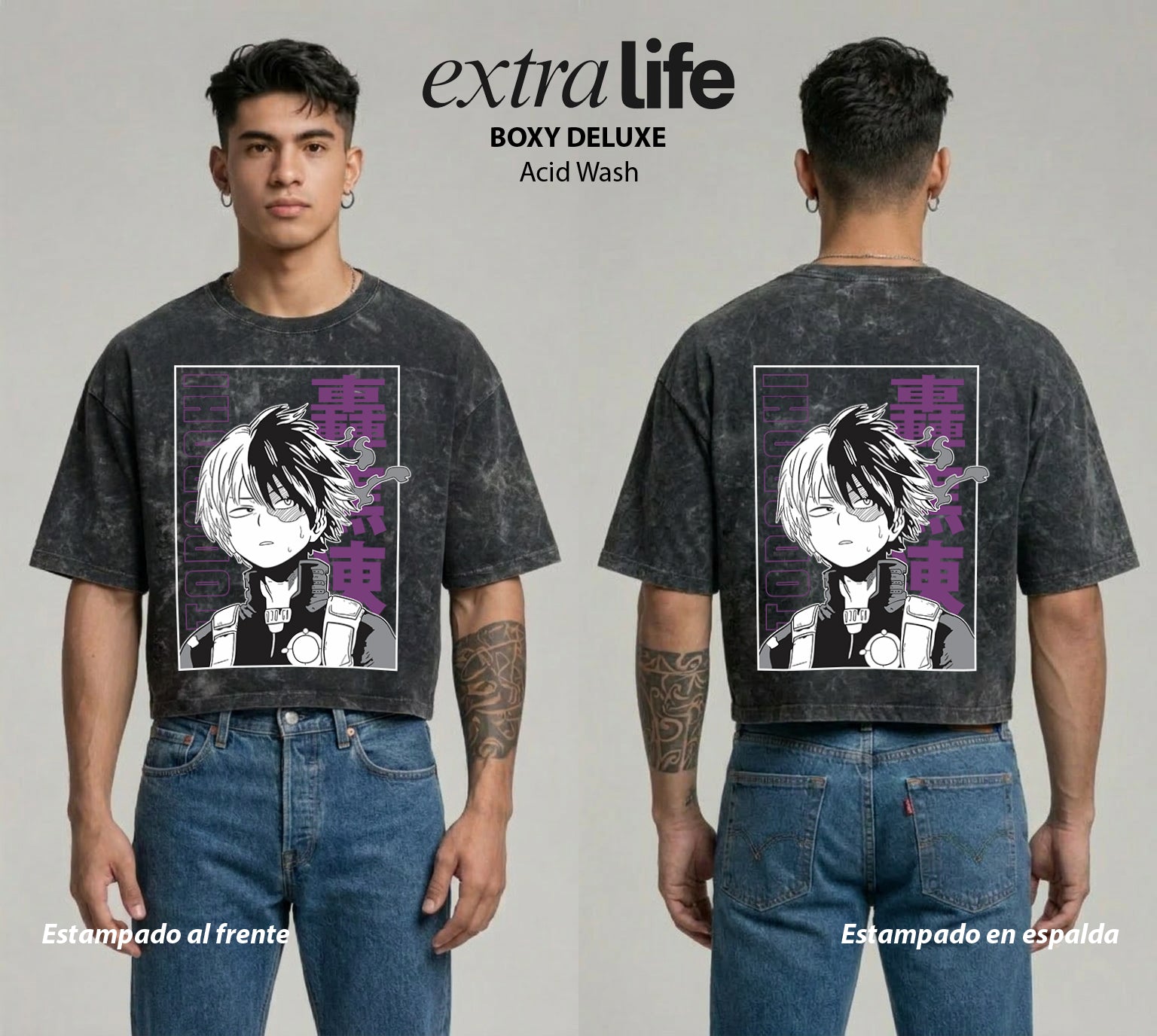 Playera streetwear premium de anime y gaming ExtraLife MX, corte boxy deluxe mineral wash heavyweight en color Acid Wash, moda urbana mexicana de culto.