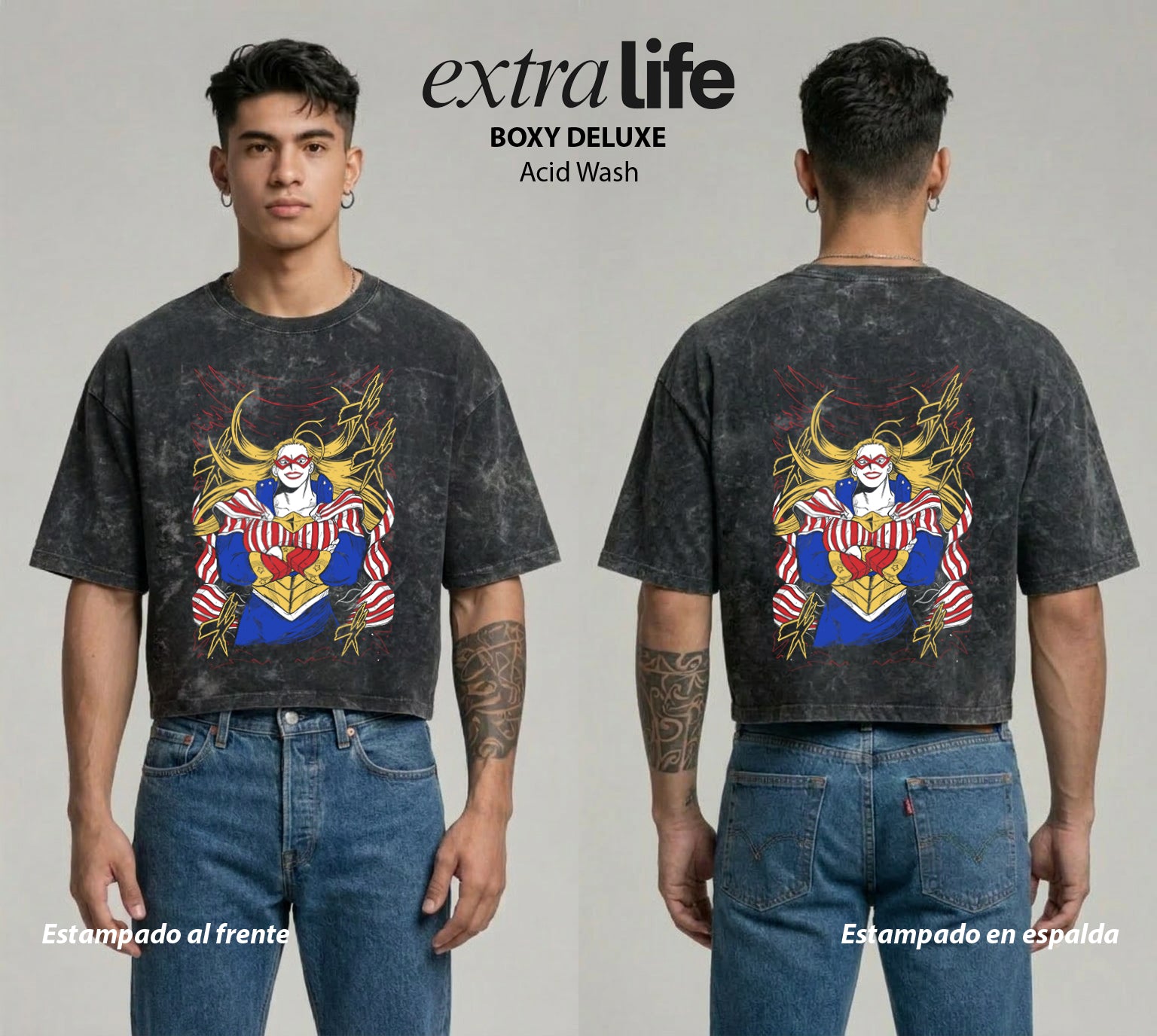 Playera streetwear premium de anime y gaming ExtraLife MX, corte boxy deluxe mineral wash heavyweight en color Acid Wash, moda urbana mexicana de culto.