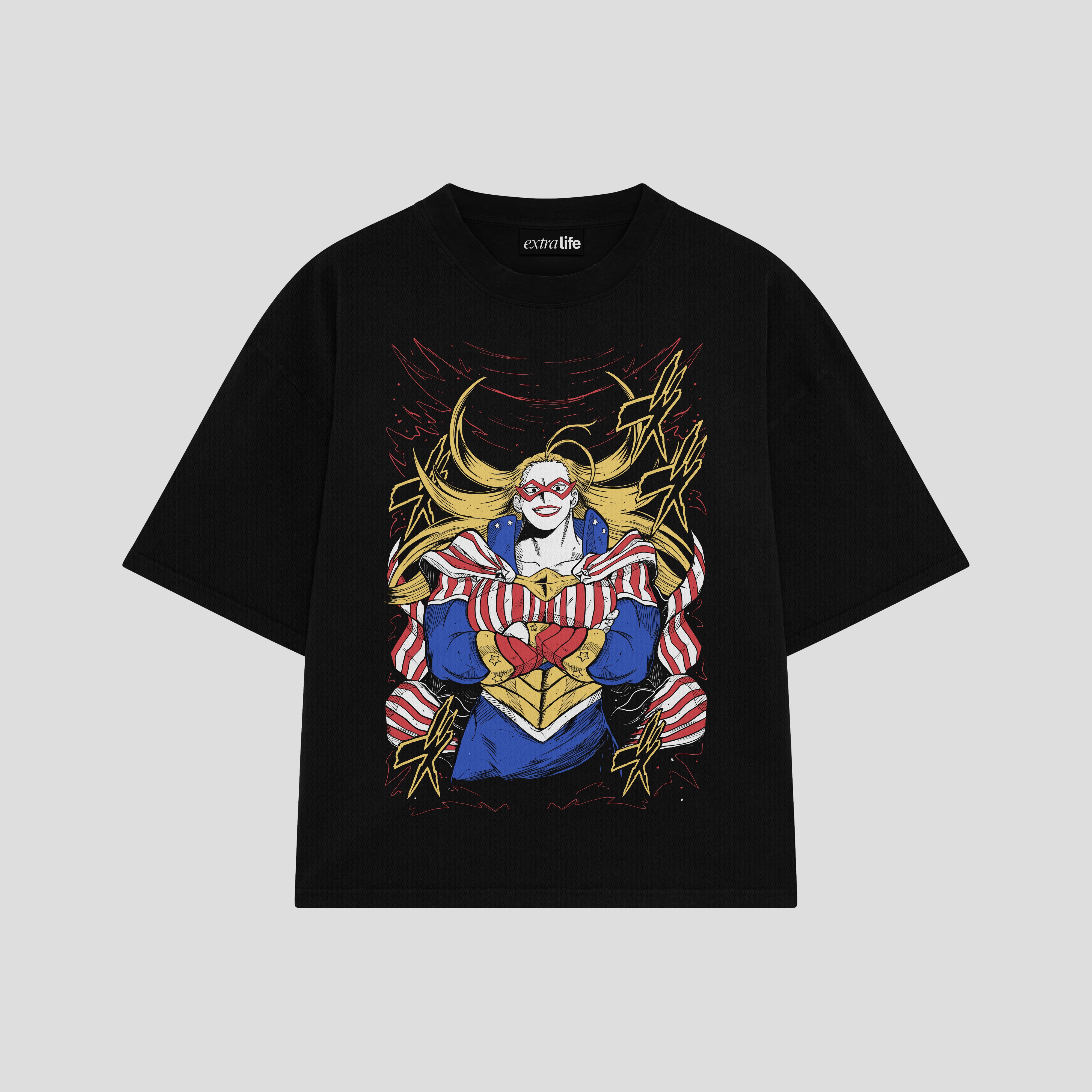 Playera streetwear premium de anime y gaming ExtraLife MX, corte boxy oversized drop shoulder heavyweight en color Deep Black y Off-White, moda urbana mexicana de culto.