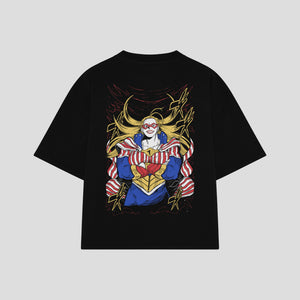 Playera streetwear premium de anime y gaming ExtraLife MX, corte boxy oversized drop shoulder heavyweight en color Deep Black y Off-White, moda urbana mexicana de culto.