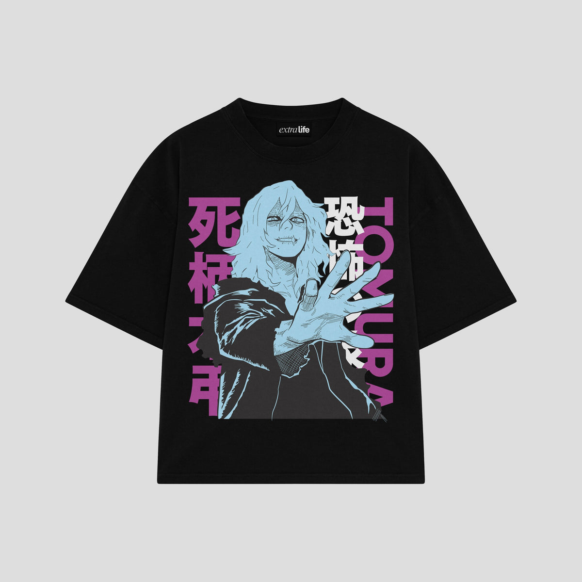 Playera streetwear premium de anime y gaming ExtraLife MX, corte oversized drop shoulder ligero y fresco en color Deep Black y Off-White, moda urbana mexicana de culto.