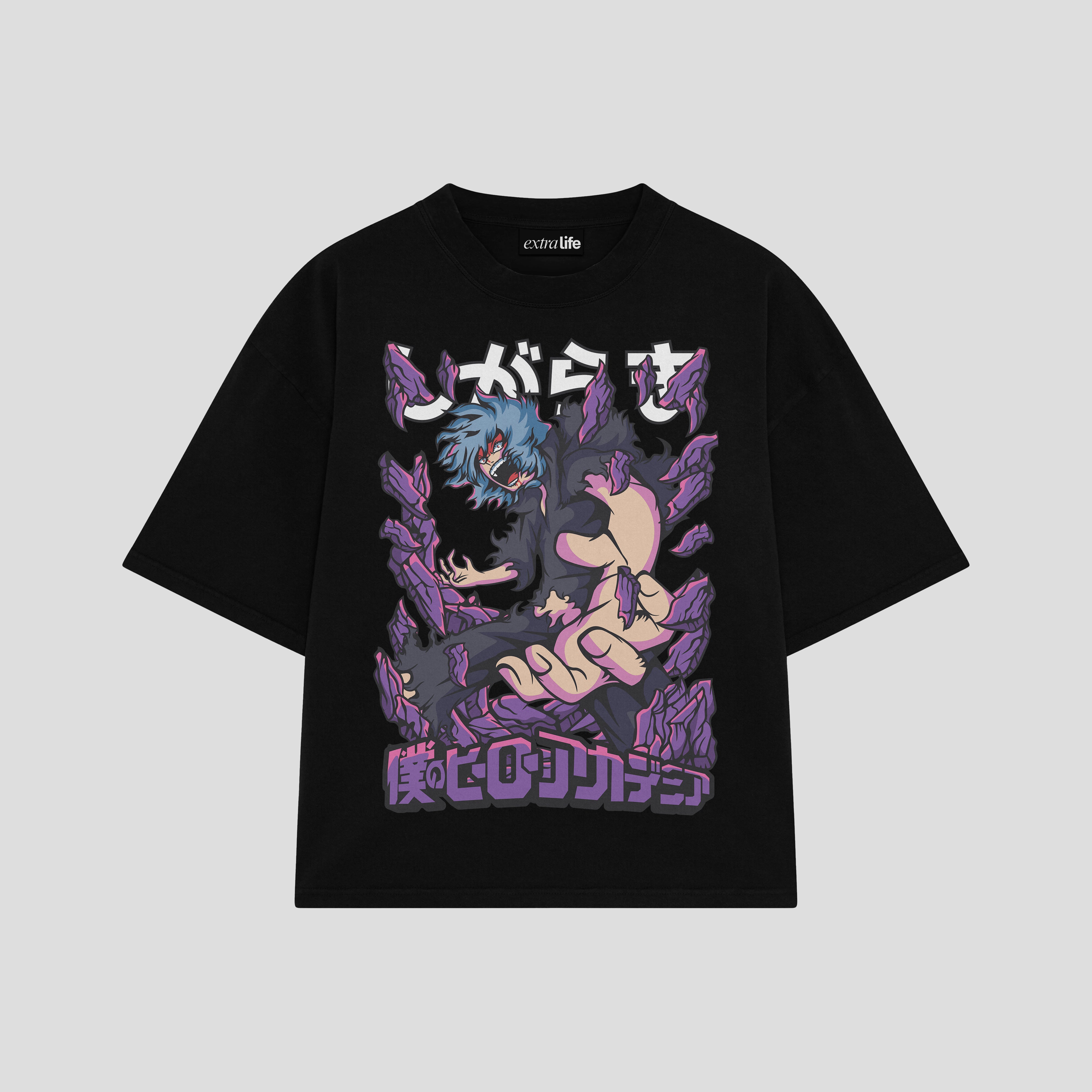 Playera streetwear premium de anime y gaming ExtraLife MX, corte boxy oversized drop shoulder heavyweight en color Deep Black y Off-White, moda urbana mexicana de culto.