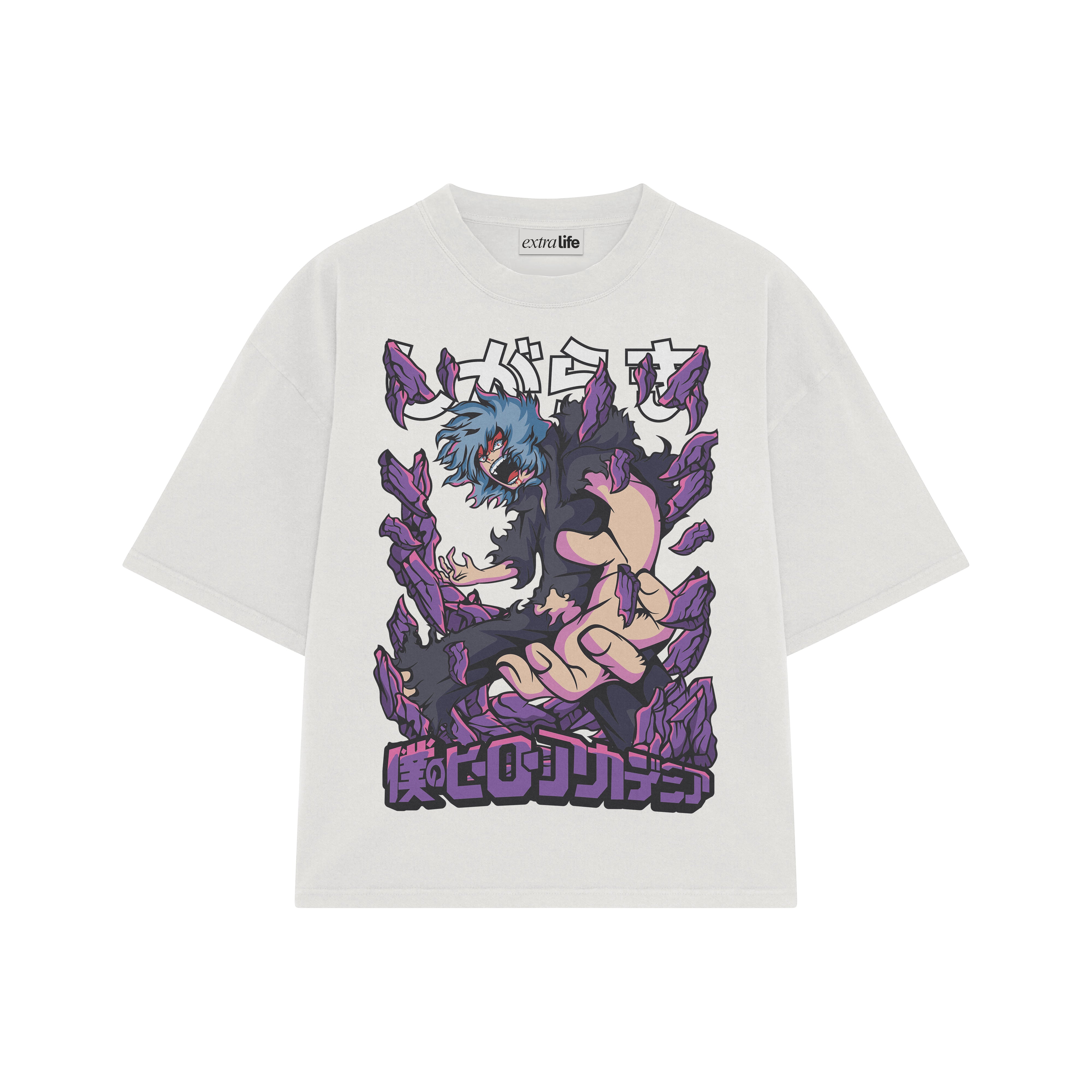 Playera streetwear premium de anime y gaming ExtraLife MX, corte boxy oversized drop shoulder heavyweight en color Deep Black y Off-White, moda urbana mexicana de culto.