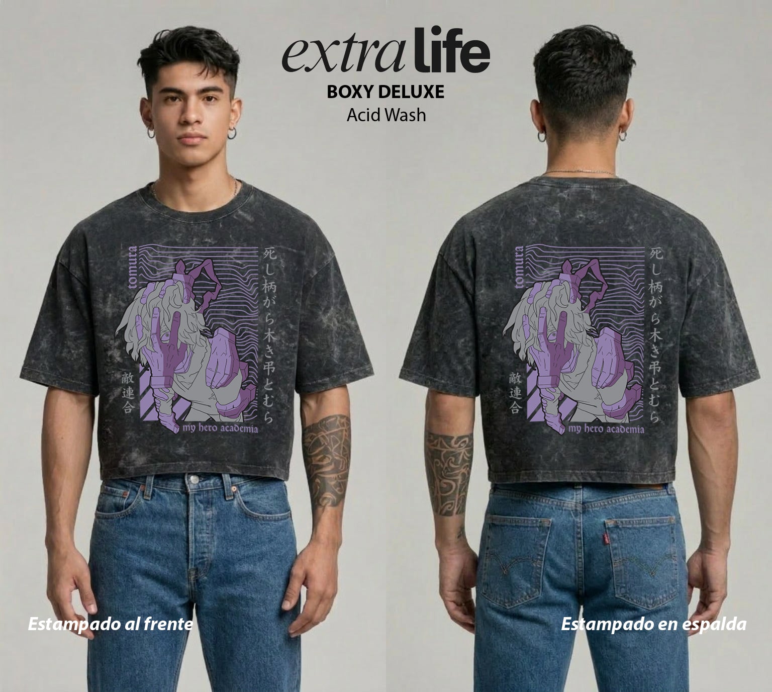Playera streetwear premium de anime y gaming ExtraLife MX, corte boxy deluxe mineral wash heavyweight en color Acid Wash, moda urbana mexicana de culto.