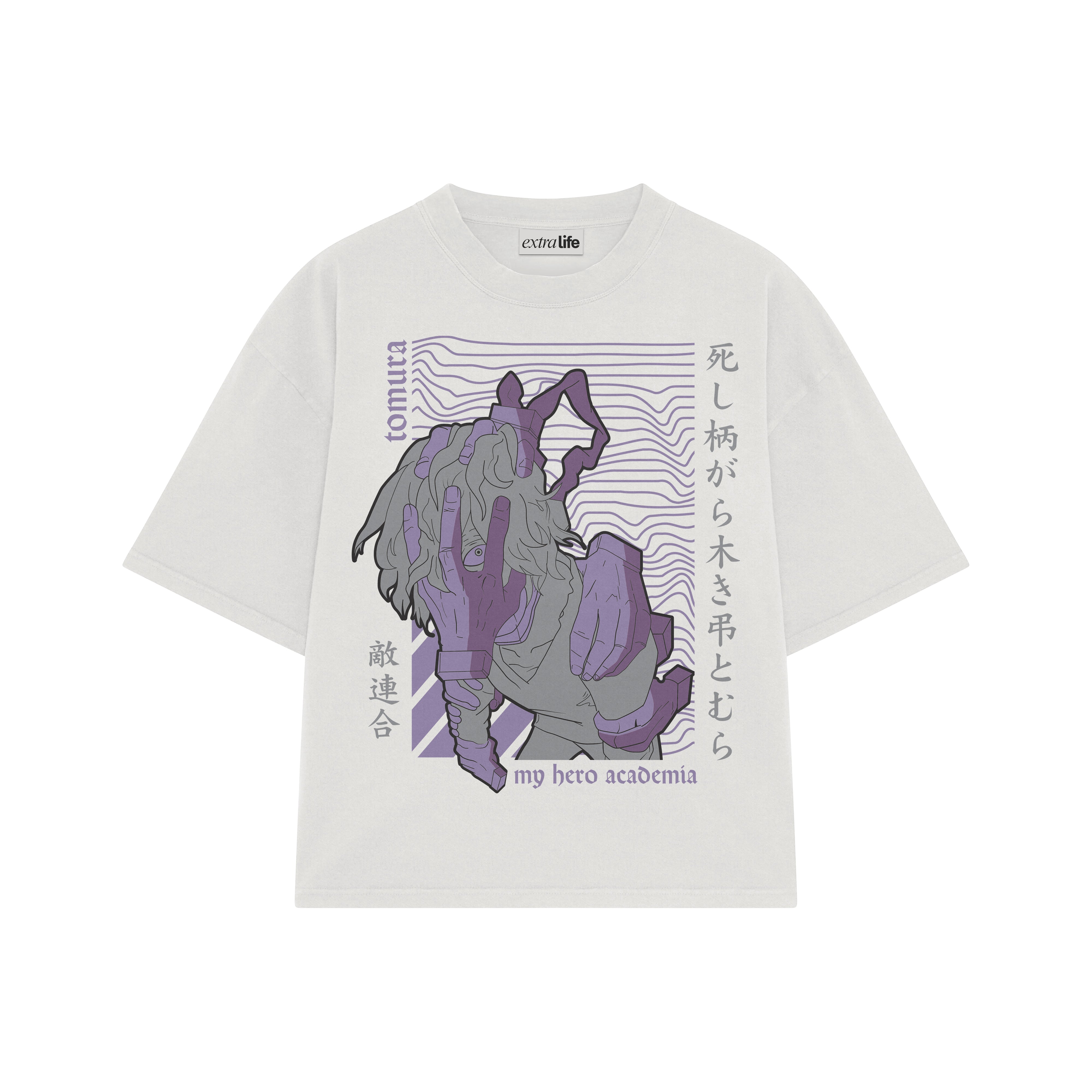 Playera streetwear premium de anime y gaming ExtraLife MX, corte boxy oversized drop shoulder heavyweight en color Deep Black y Off-White, moda urbana mexicana de culto.