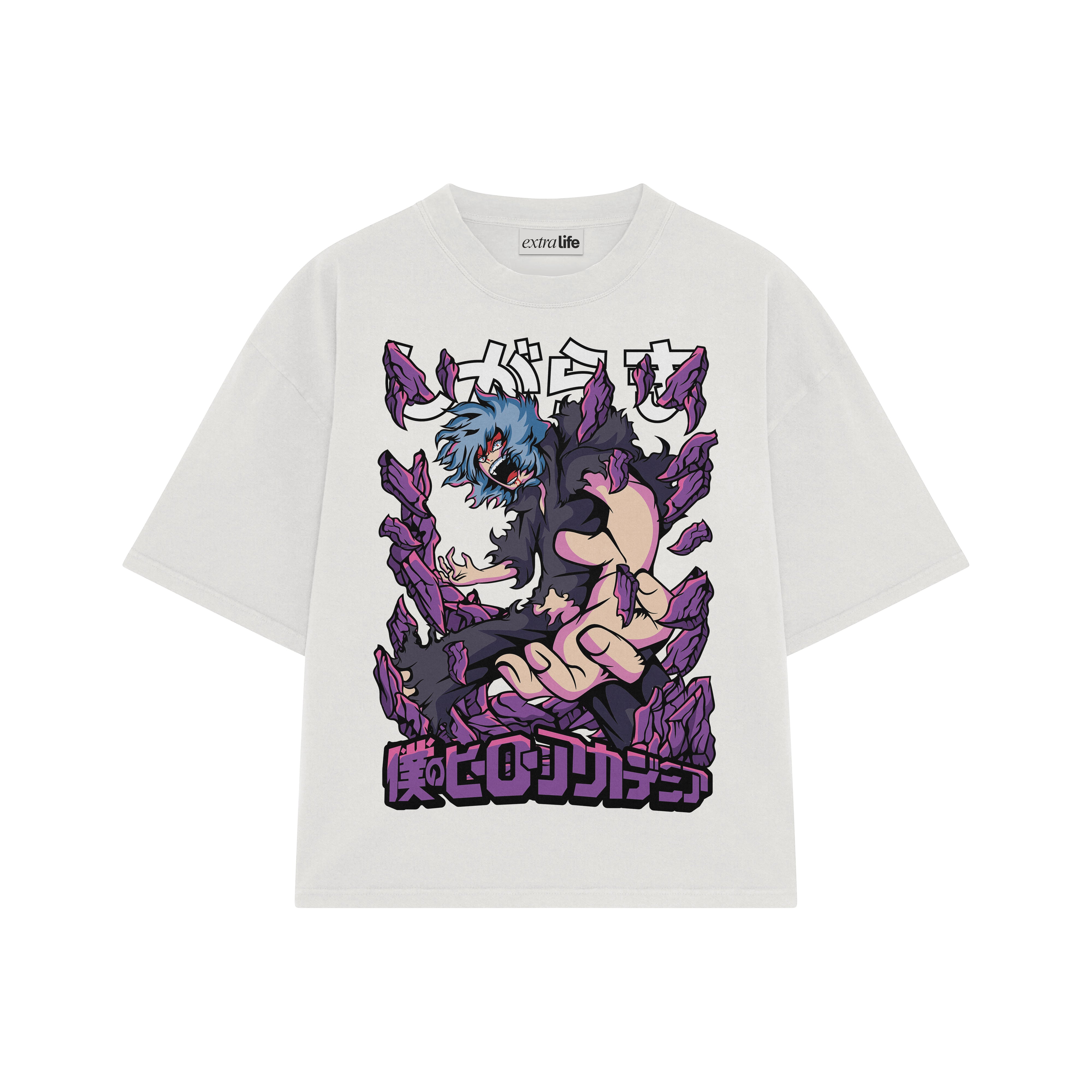 Playera streetwear premium de anime y gaming ExtraLife MX, corte boxy oversized drop shoulder heavyweight en color Deep Black y Off-White, moda urbana mexicana de culto.