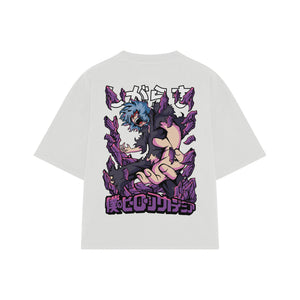 Playera streetwear premium de anime y gaming ExtraLife MX, corte boxy oversized drop shoulder heavyweight en color Deep Black y Off-White, moda urbana mexicana de culto.