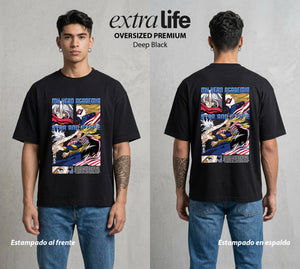 La Academia de Heroes | Destruccion vs America #02588 - Playera Oversized Premium | Deep Black - Foto en modelo