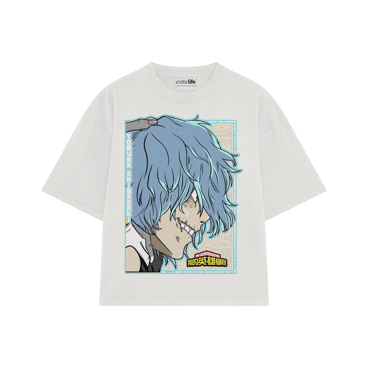 Playera streetwear premium de anime y gaming ExtraLife MX, corte oversized drop shoulder ligero y fresco en color Deep Black y Off-White, moda urbana mexicana de culto.