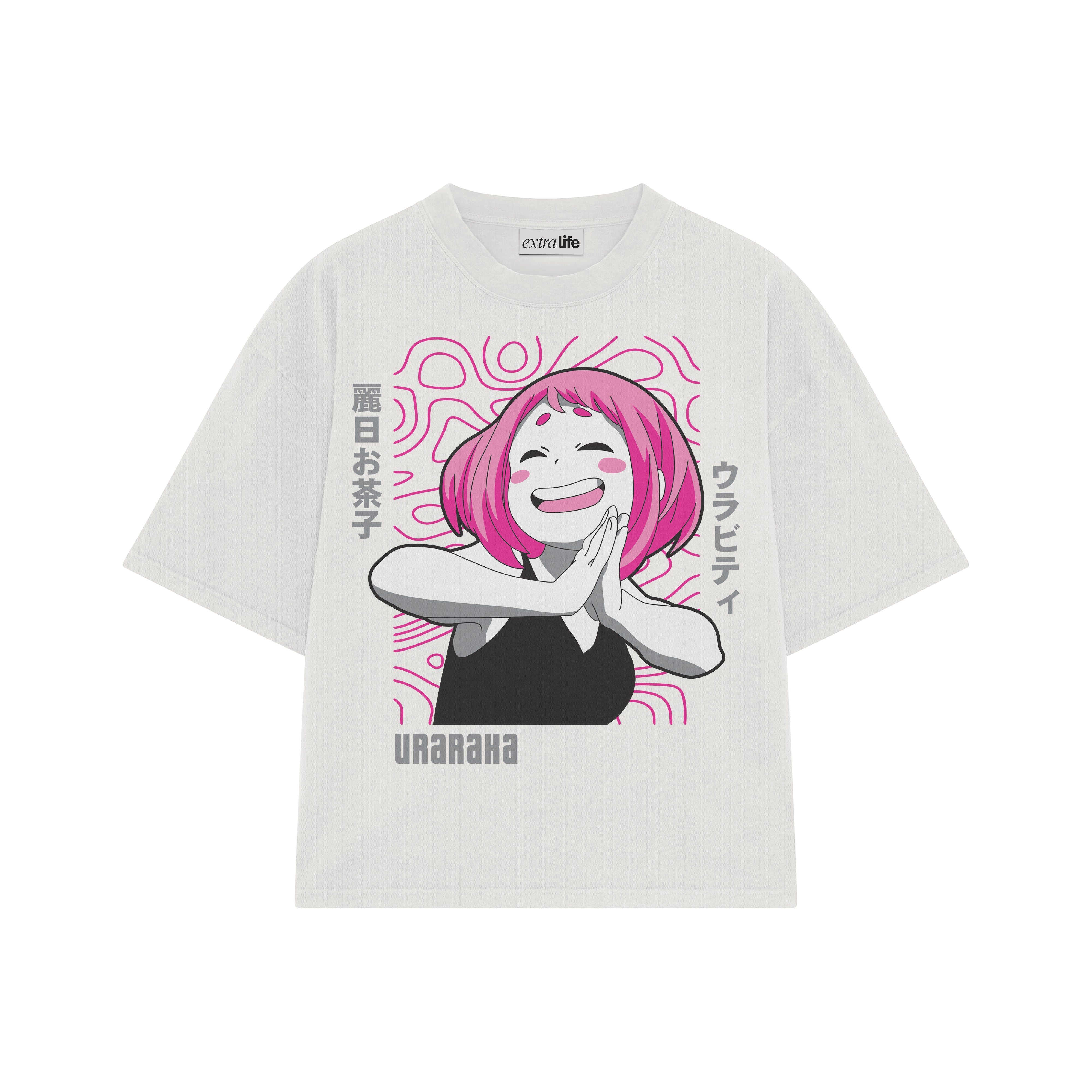 Playera streetwear premium de anime y gaming ExtraLife MX, corte boxy oversized drop shoulder heavyweight en color Deep Black y Off-White, moda urbana mexicana de culto.