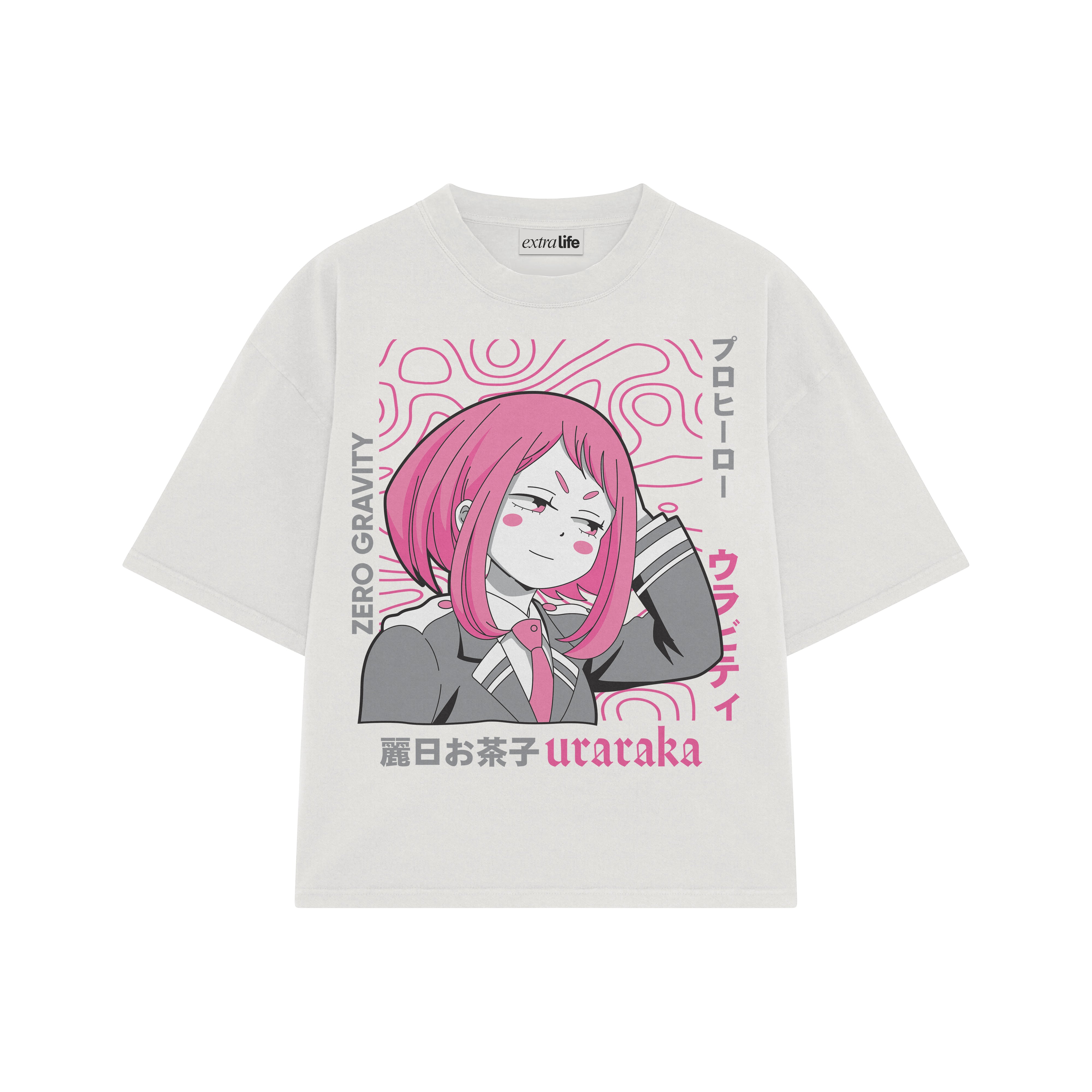 Playera streetwear premium de anime y gaming ExtraLife MX, corte boxy oversized drop shoulder heavyweight en color Deep Black y Off-White, moda urbana mexicana de culto.