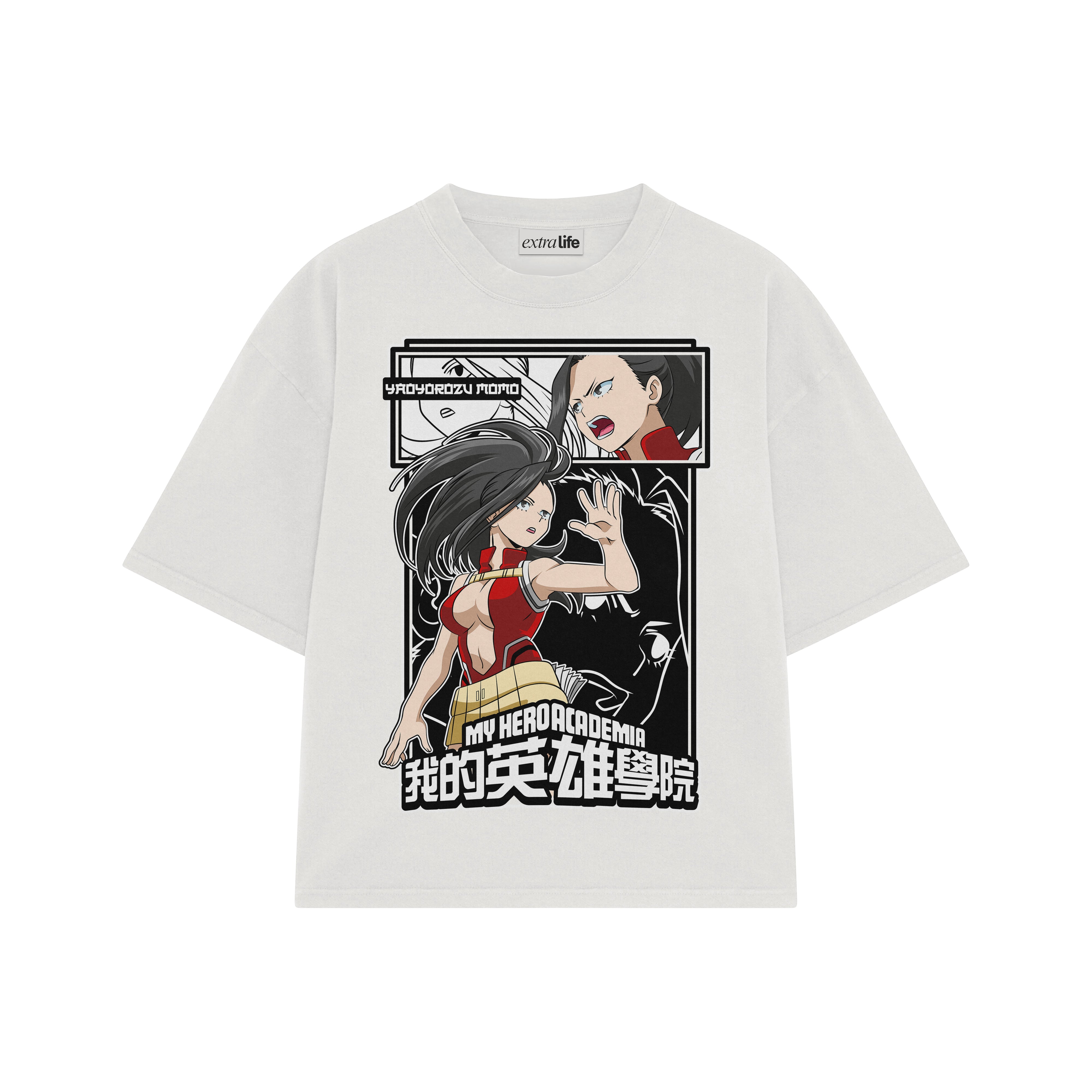 Playera streetwear premium de anime y gaming ExtraLife MX, corte boxy oversized drop shoulder heavyweight en color Deep Black y Off-White, moda urbana mexicana de culto.