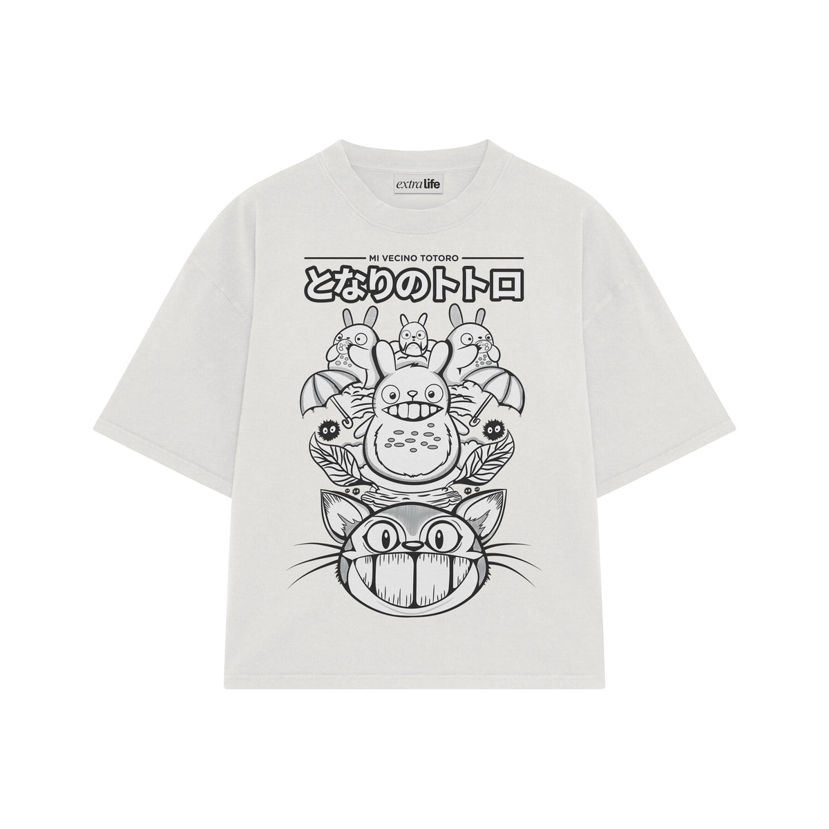 Playera streetwear premium de anime y gaming ExtraLife MX, corte oversized drop shoulder ligero y fresco en color Deep Black y Off-White, moda urbana mexicana de culto.