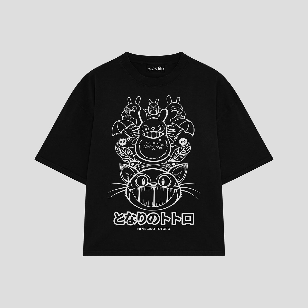 Playera streetwear premium de anime y gaming ExtraLife MX, corte oversized drop shoulder ligero y fresco en color Deep Black y Off-White, moda urbana mexicana de culto.