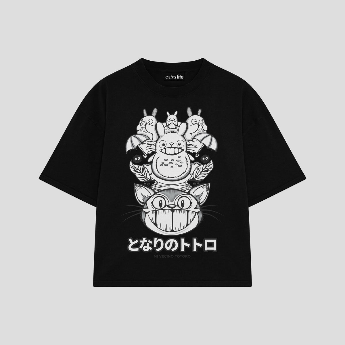 Playera streetwear premium de anime y gaming ExtraLife MX, corte oversized drop shoulder ligero y fresco en color Deep Black y Off-White, moda urbana mexicana de culto.