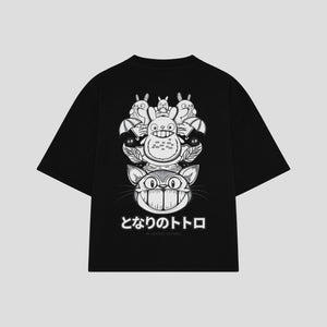 Playera streetwear premium de anime y gaming ExtraLife MX, corte boxy oversized drop shoulder heavyweight en color Deep Black y Off-White, moda urbana mexicana de culto.