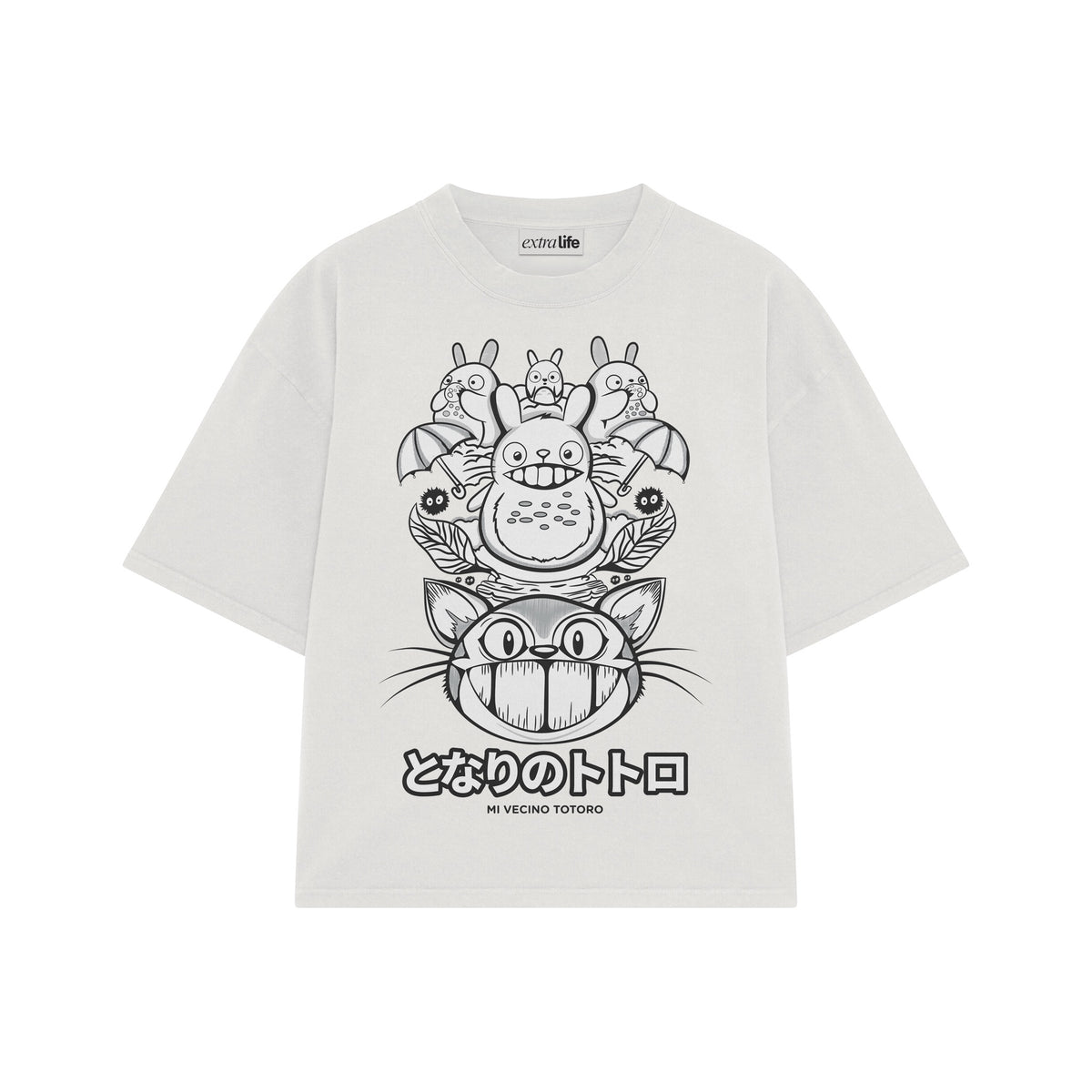 Playera streetwear premium de anime y gaming ExtraLife MX, corte oversized drop shoulder ligero y fresco en color Deep Black y Off-White, moda urbana mexicana de culto.