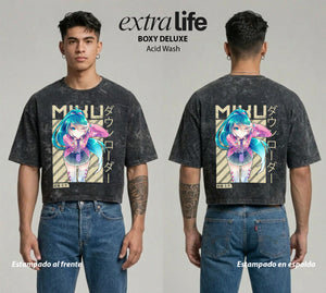 Playera streetwear premium de anime y gaming ExtraLife MX, corte boxy deluxe mineral wash heavyweight en color Acid Wash, moda urbana mexicana de culto.